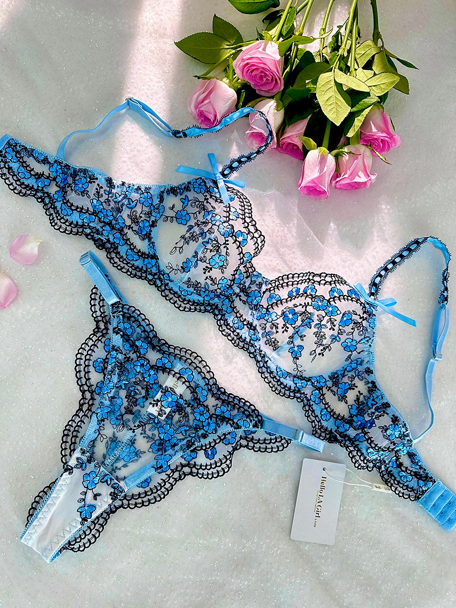 Blossom Delights Embroidered Lace Lingerie Set Blue Purple Hello.LA.Girl
